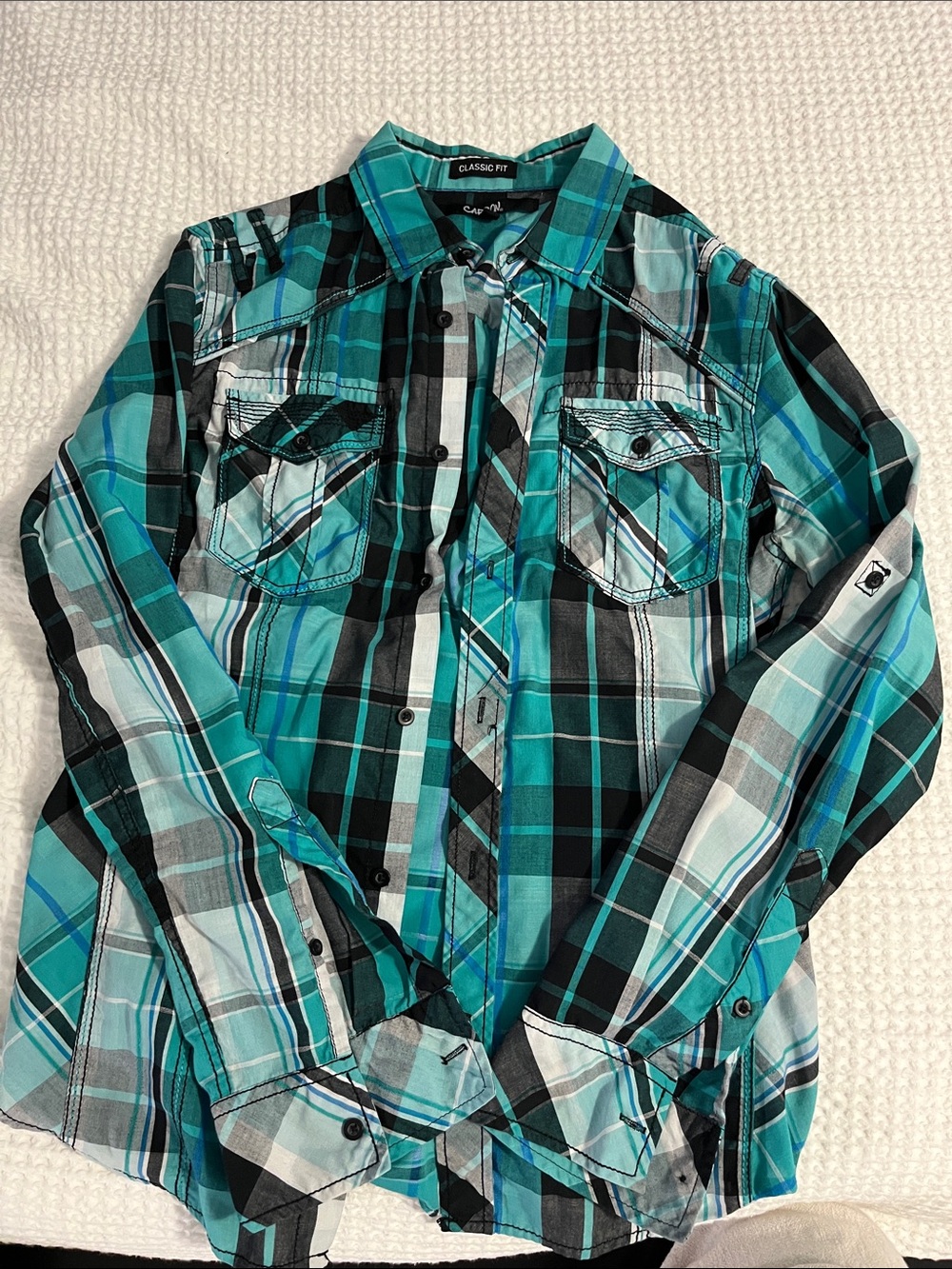 Carbon Teal and Black Plaid Button-Down Shirt